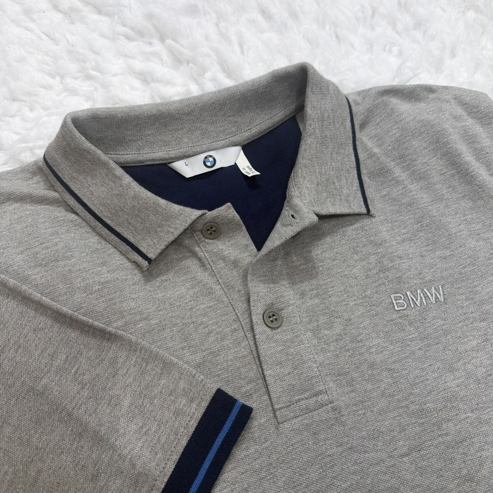 BMW Mens Large Knit Piqué Polo Shirt Made In Portugal Gray Blue M Series Golf
